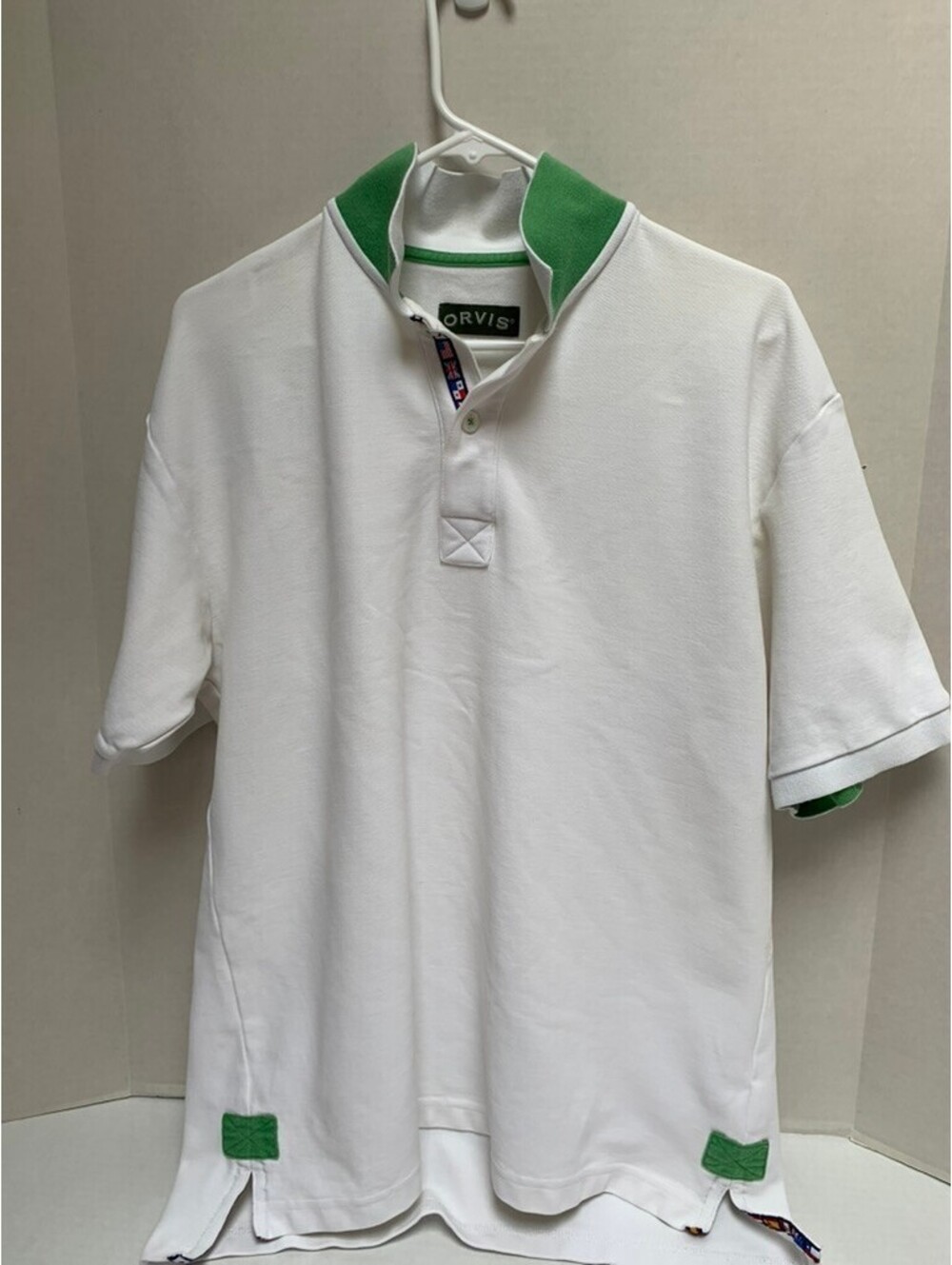 Orvis Mens White 100% Cotton Polo Shirt Green Trim Size M